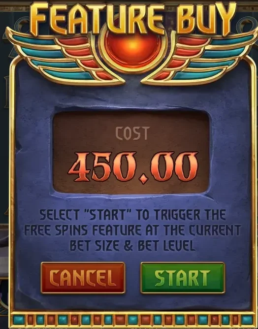FEATURE BUY promo dialog with COST 450.00 and Cancel and Start buttons for buying the Free Spins feature