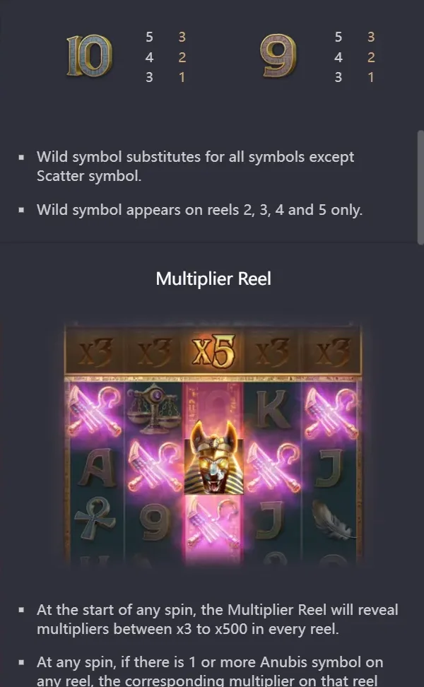 MULTIPLIER REEL: Anubis warrior on reel 3 activating the x5 tile; remaining tiles at x3