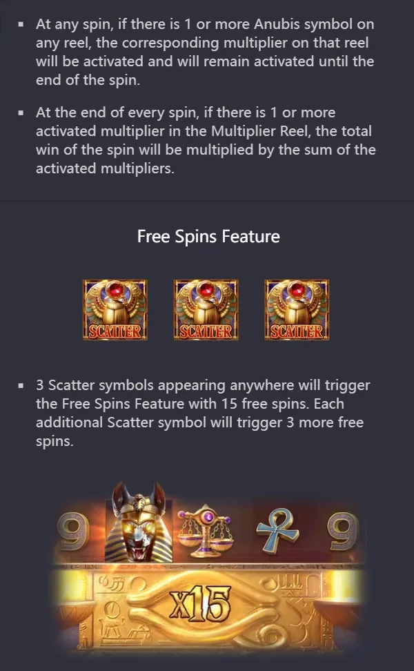 FREE SPINS trigger page: three golden scarab Scatter symbols and the x15 free-spins tablet