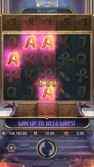 Anubis Wrath spin 1555 - balance $106,183.60 (screen) at $12 bet, session end