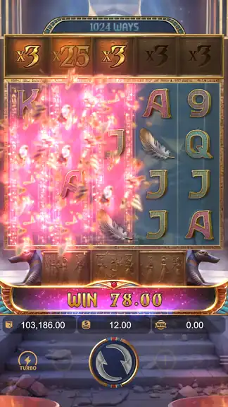 Anubis Wrath base-game cascade with the x25 multiplier tile active on reel 2 and a pink Wild-line win paying out
